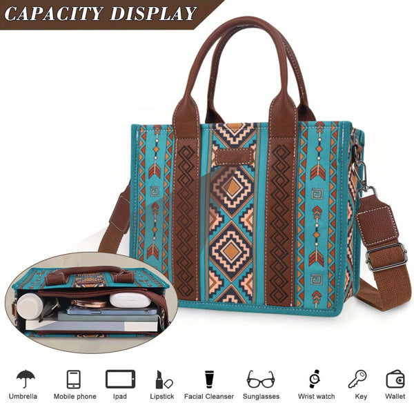 4Pcs women's retro tote bag set with geometric pattern and brown handles trendy women's accessory set