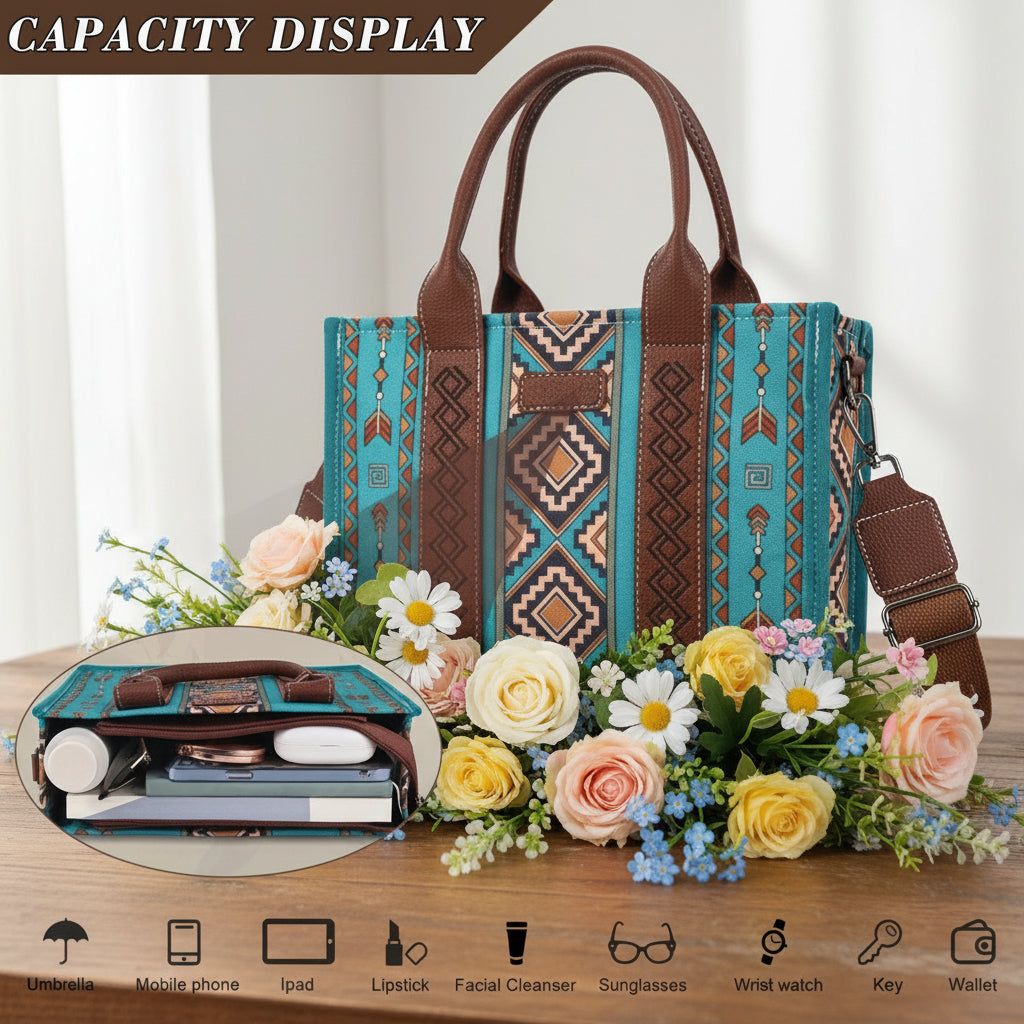 4Pcs women's retro tote bag set with geometric pattern and brown handles trendy women's accessory set