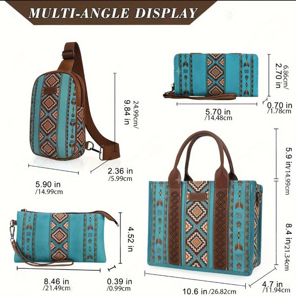 4Pcs Women's retro tote bag set with matching purse and crossbody bag in blue and brown trendy women's accessory set