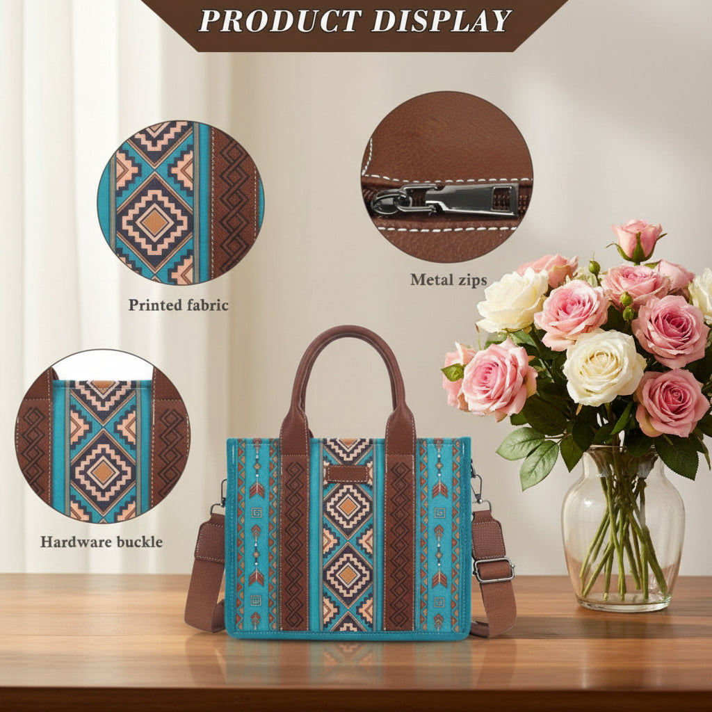 4Pcs Women's Retro Tote Bag Set with printed fabric and metal zips, a trendy women's accessory set