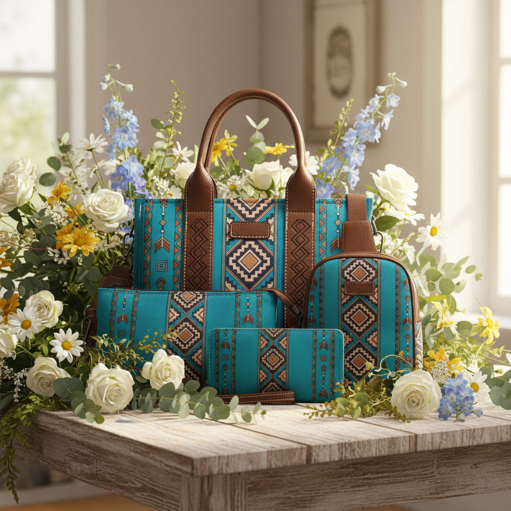 4Pcs Women's Retro Tote Bag Set by Sheila Merchandise in turquoise and brown trendy women's accessory set