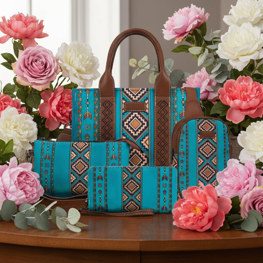 4Pcs Women's Retro Tote Bag Set with Aztec Pattern and Brown Handles trendy women's accessory set