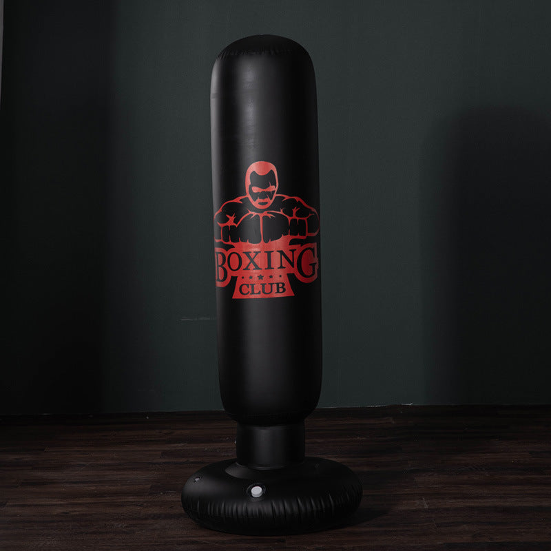 Black free-standing kickboxing bag with red boxing club logo by Sheila Merchandise