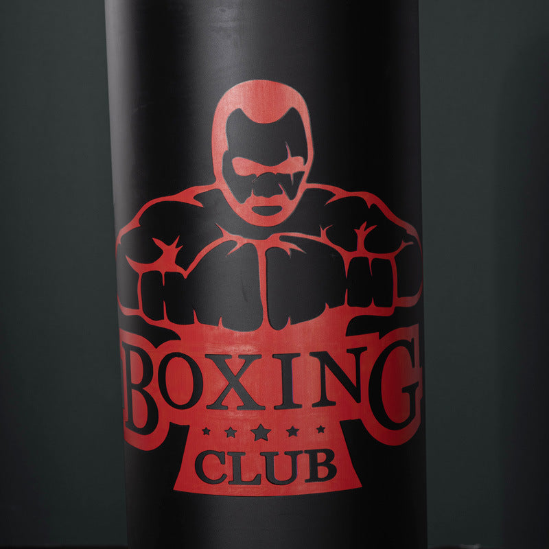 Sheila Merchandise free-standing kickboxing bag with red boxing club logo on black inflatable surface