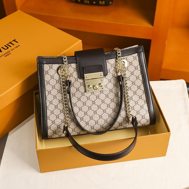 Stylish leather handbags with chain strap and patterned design in a luxury box by Sheila Merchandise
