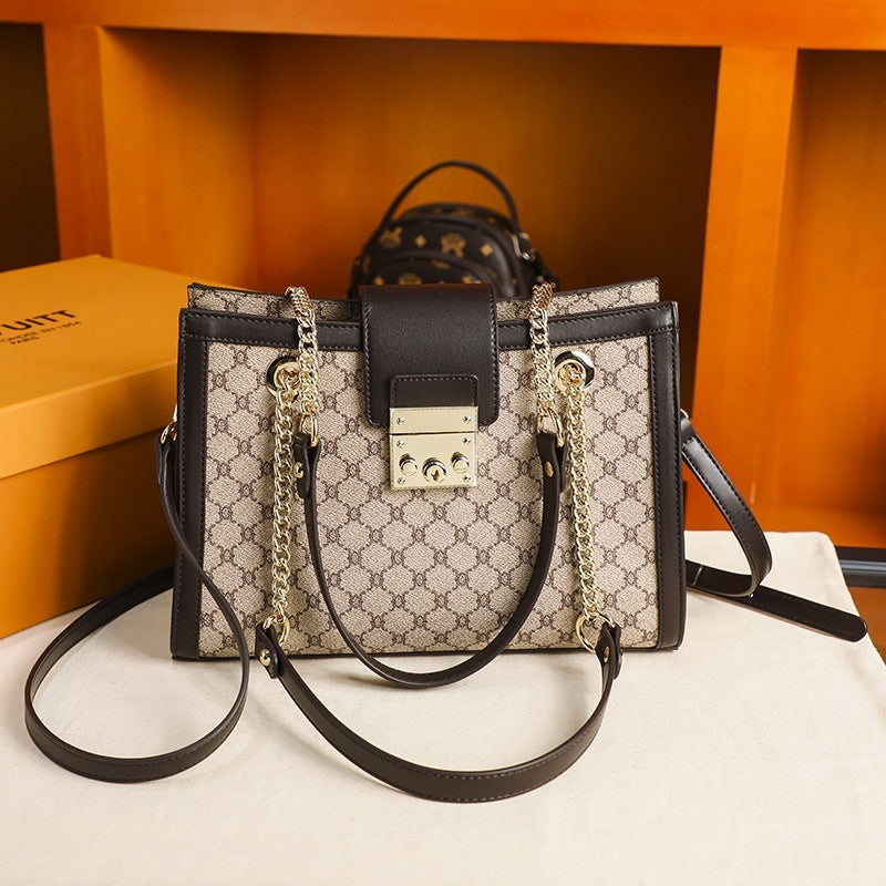 Stylish leather handbags featuring beige patterned fabric with dark leather trim and gold chain accents