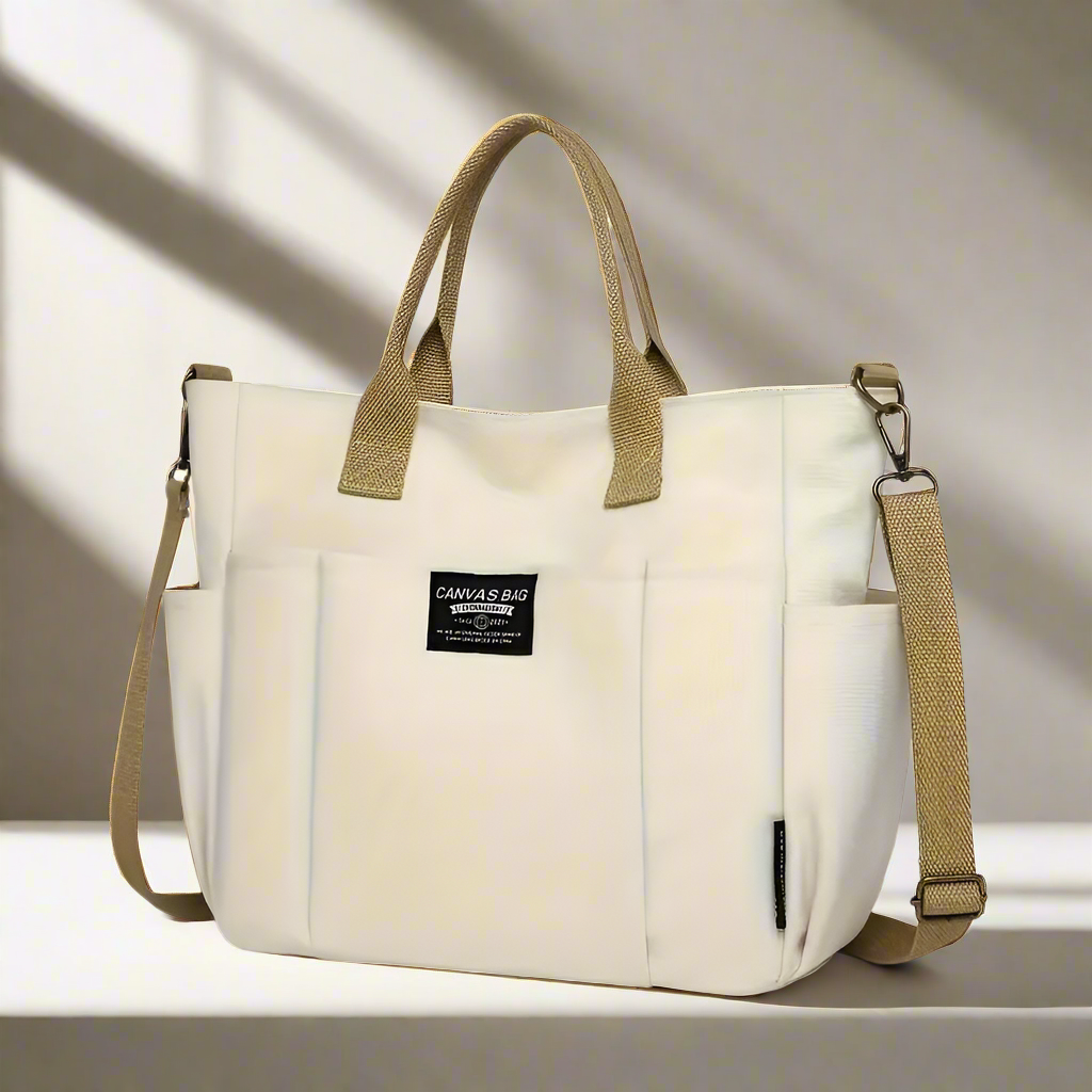 Sheila Merchandise multi pocket shoulder bag in cream with brown handles and adjustable strap