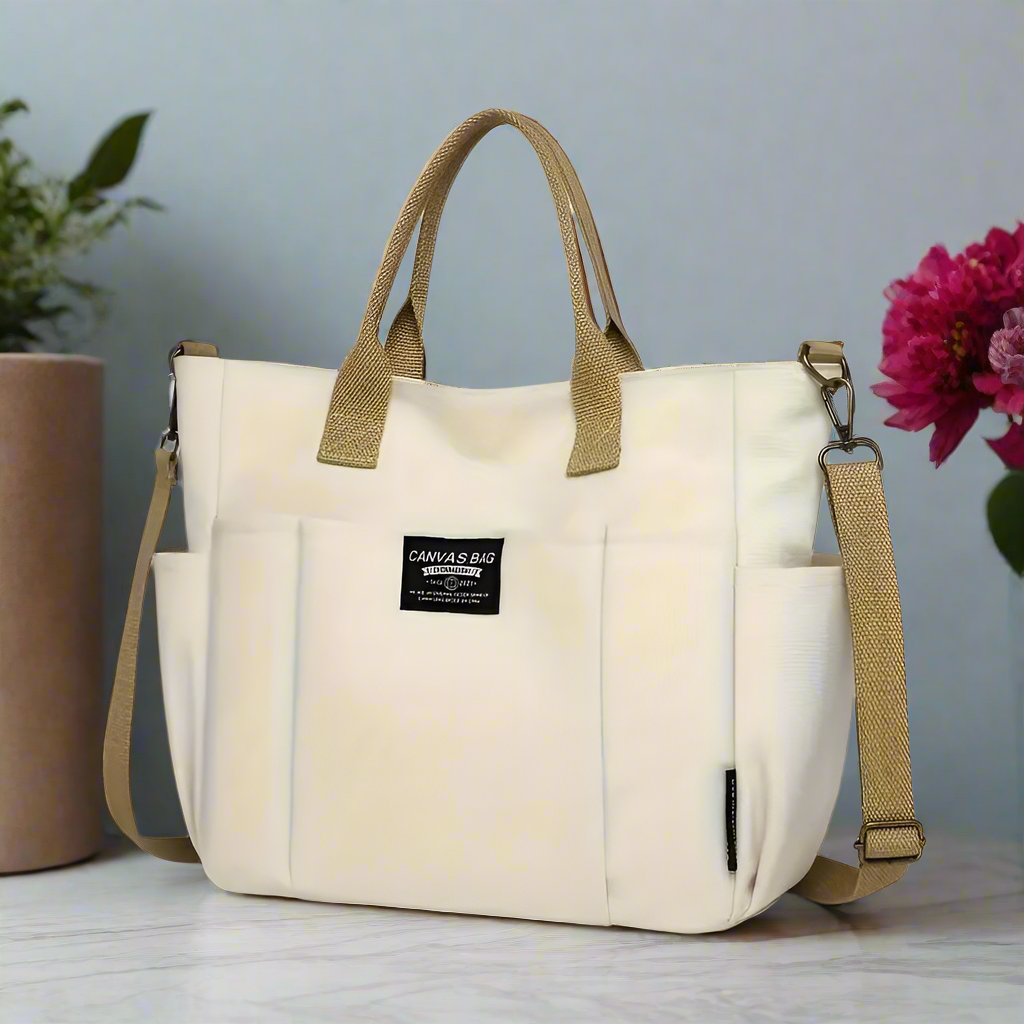 Sheila Merchandise white multi pocket shoulder bag with beige straps and multiple outer pockets
