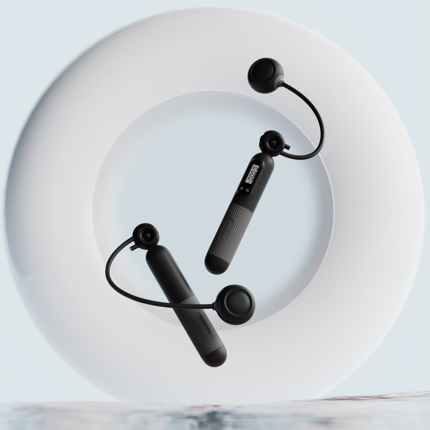 Black cardio jump rope with counter and adjustable handles by Sheila Merchandise on white circular background