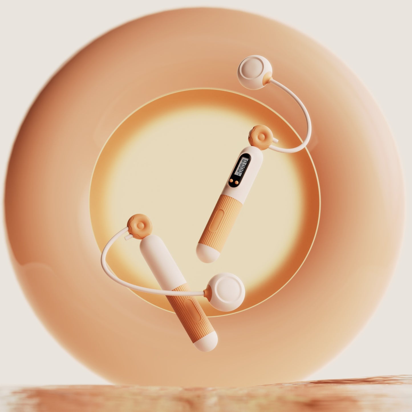 Cardio jump rope with counter featuring adjustable handles in beige and white on a circular background