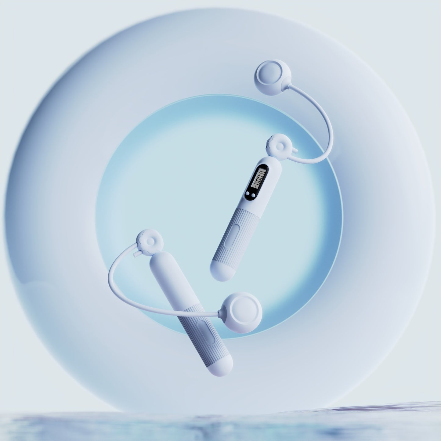 White cardio jump rope with counter and adjustable handles floating in front of a light blue circular background