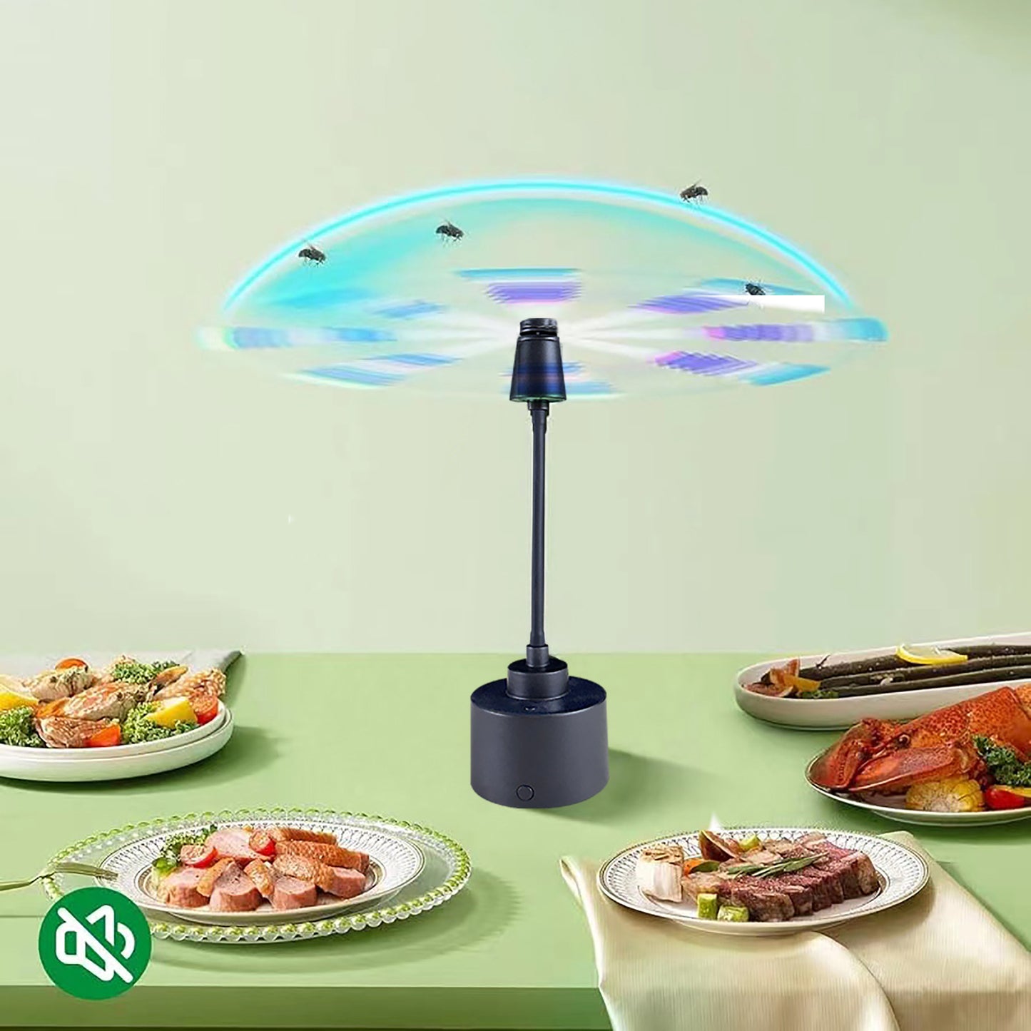 Sheila Merchandise chemical free mosquito repellent fan on table with food plates, portable fly repellent