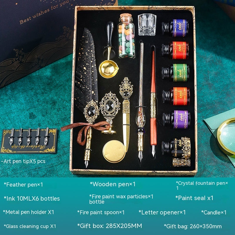 Classical Feather Pen Set by Sheila Merchandise with feather pen ink bottles and writing accessories in gift box