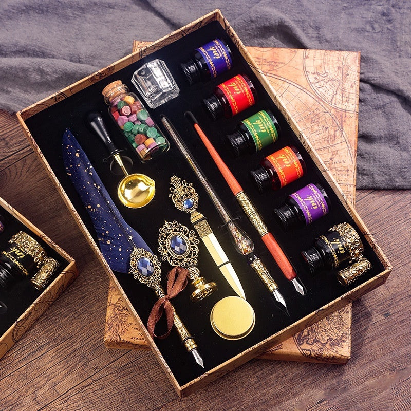 Classical Feather Pen Set with ornate mechanical pens, colorful ink bottles, wax seals, and accessories in decorative box