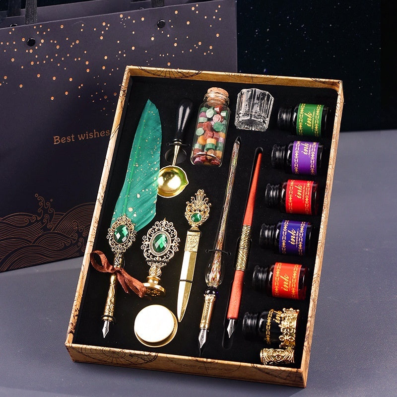 Classical Feather Pen Set with green feather pen, ink bottles, wax seal, and writing accessories by Sheila Merchandise