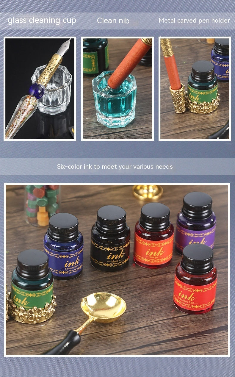Classical Feather Pen Set with metal carved pen holder glass cleaning cup and six color ink bottles by Sheila Merchandise