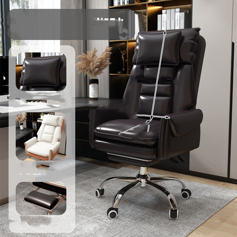 Comfortable swivel computer chair in dark brown leather with padded cushions and metal base on wheels
