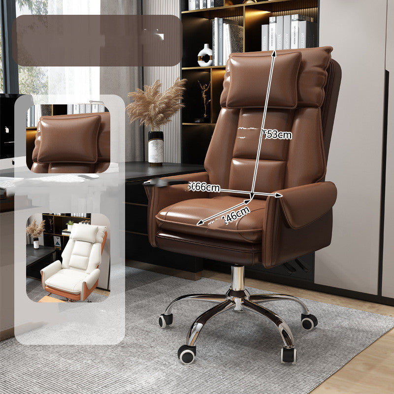 Brown leather comfortable swivel computer chair with cushioned backrest and chrome base in office setting