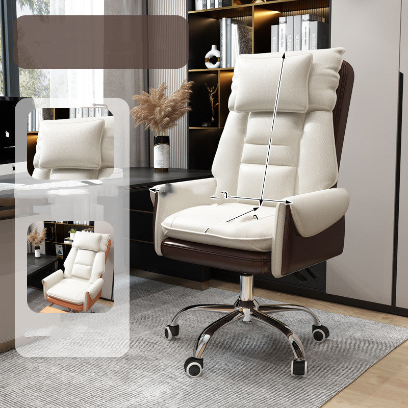 Comfortable swivel computer chair with white cushioned backrest and chrome base in modern office