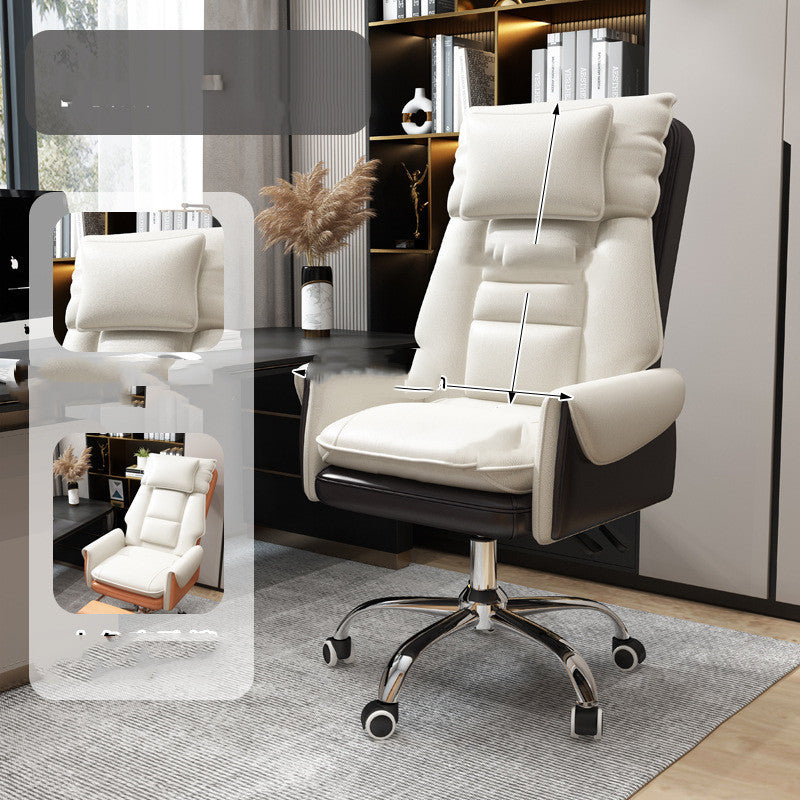 Comfortable swivel computer chair with white cushioned backrest and seat on chrome wheels by Sheila Merchandise