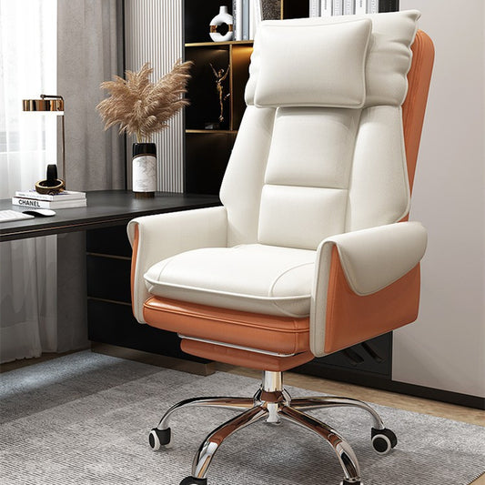 Sheila Merchandise comfortable swivel computer chair in white and tan leather with cushioned headrest and chrome base