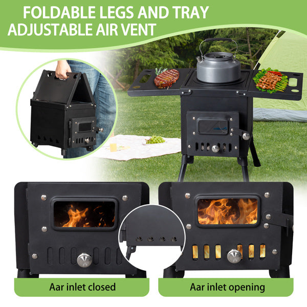Compact camping stove for outdoor cooking with foldable legs, tray, and adjustable air vent