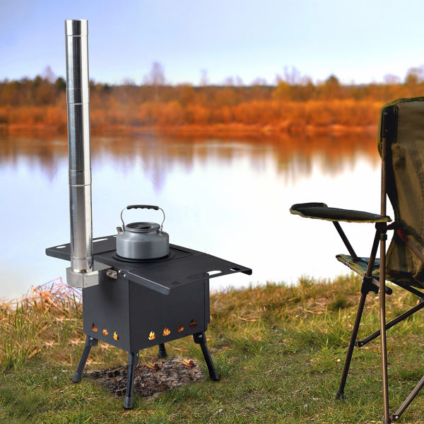 Sheila Merchandise compact camping stove for outdoor cooking with chimney by a serene lake