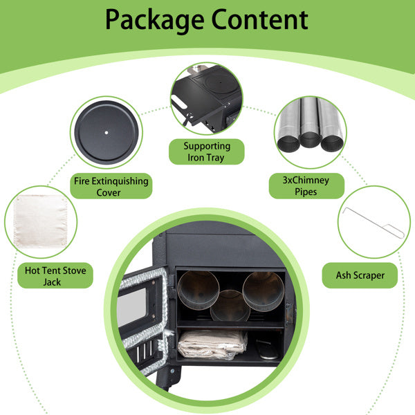 Package contents for compact camping stove for outdoor cooking including chimney pipes and ash scraper