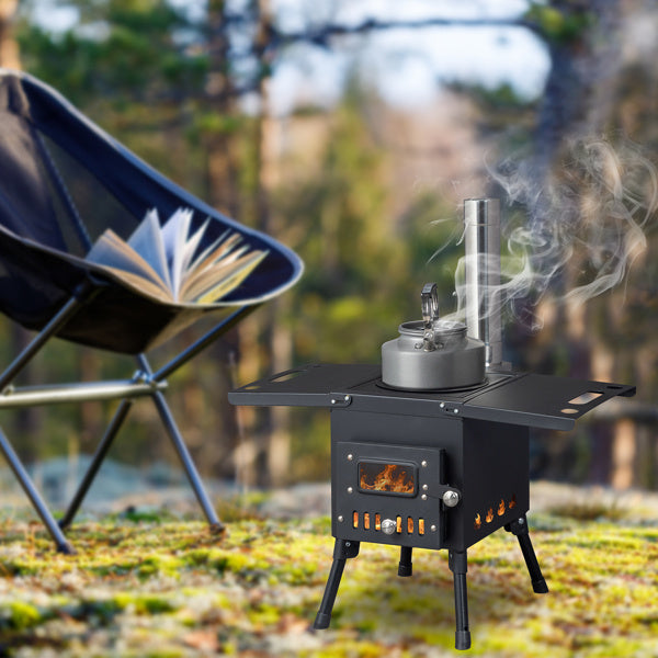 Sheila Merchandise compact camping stove for outdoor cooking with smoke, set against a forest backdrop
