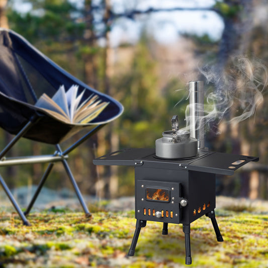 Sheila Merchandise compact camping stove for outdoor cooking with smoke, set against a forest backdrop