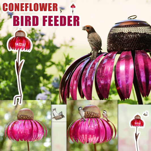 Pink petal shaped bird feeder designed like a coneflower with birds feeding on it outdoors