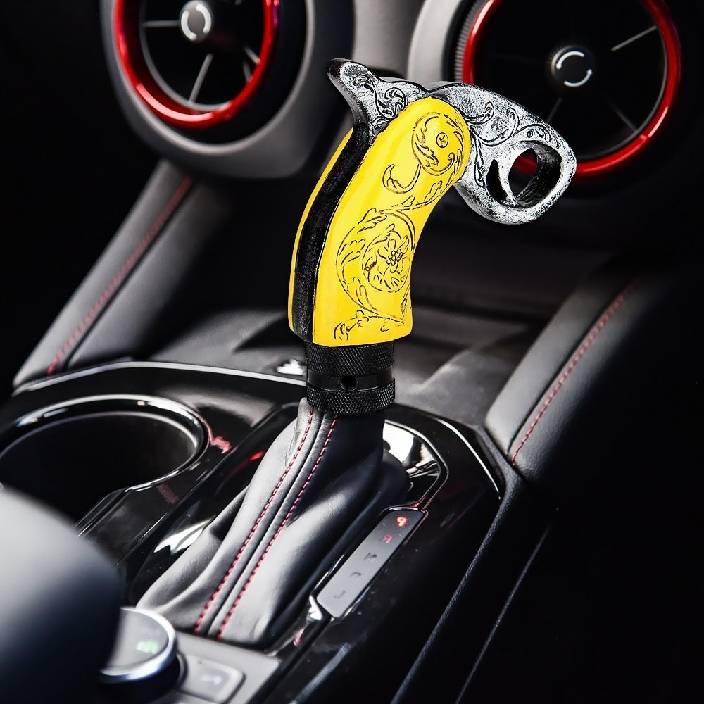 Custom resin gear shift knob in yellow with detailed design for car interior modification
