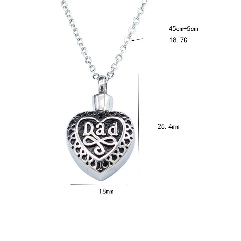 Heart urn pendant for ashes in silver with Dad engraving and decorative chain