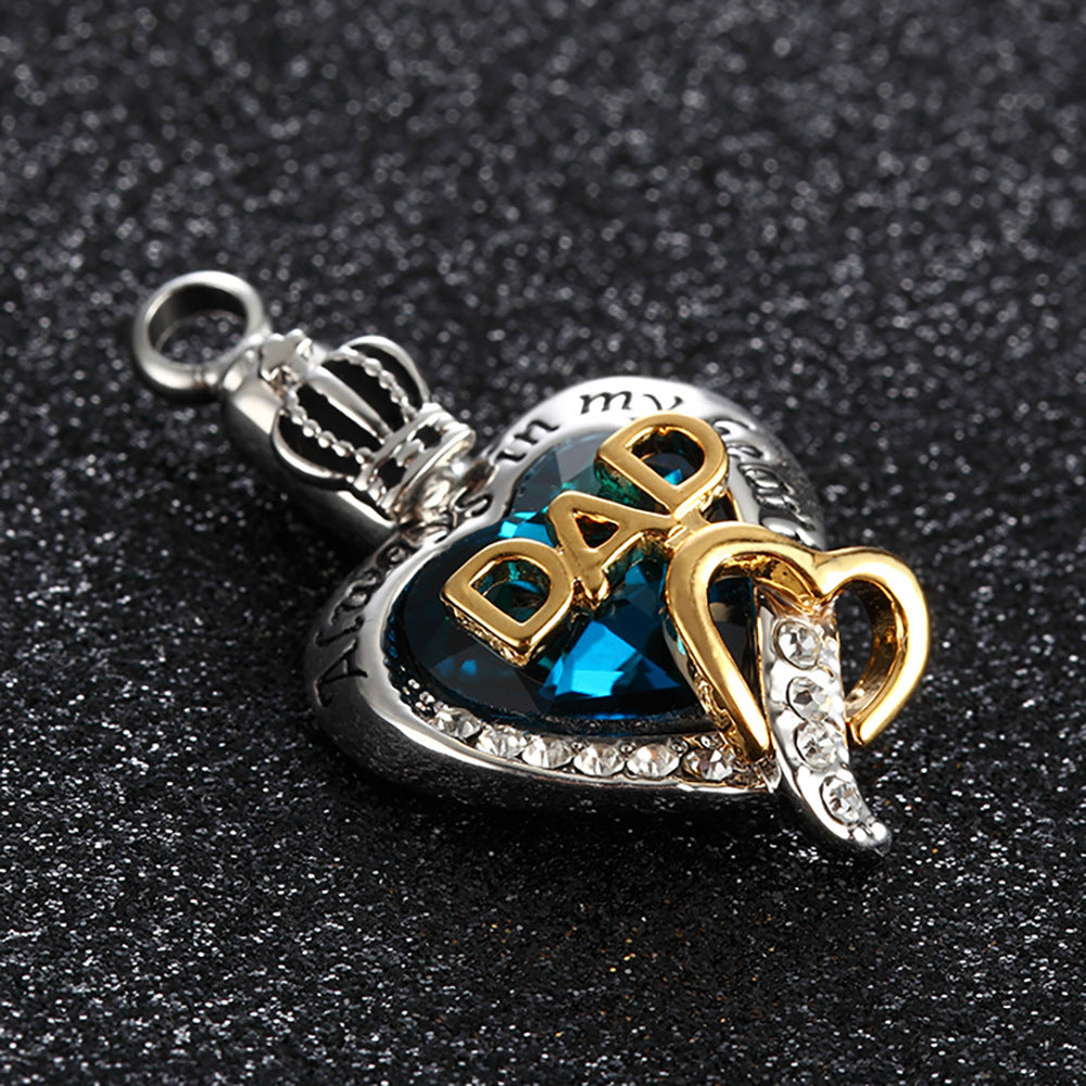 DAD heart love urn necklace pendant with blue gem and crown dad remembrance necklace for ashes