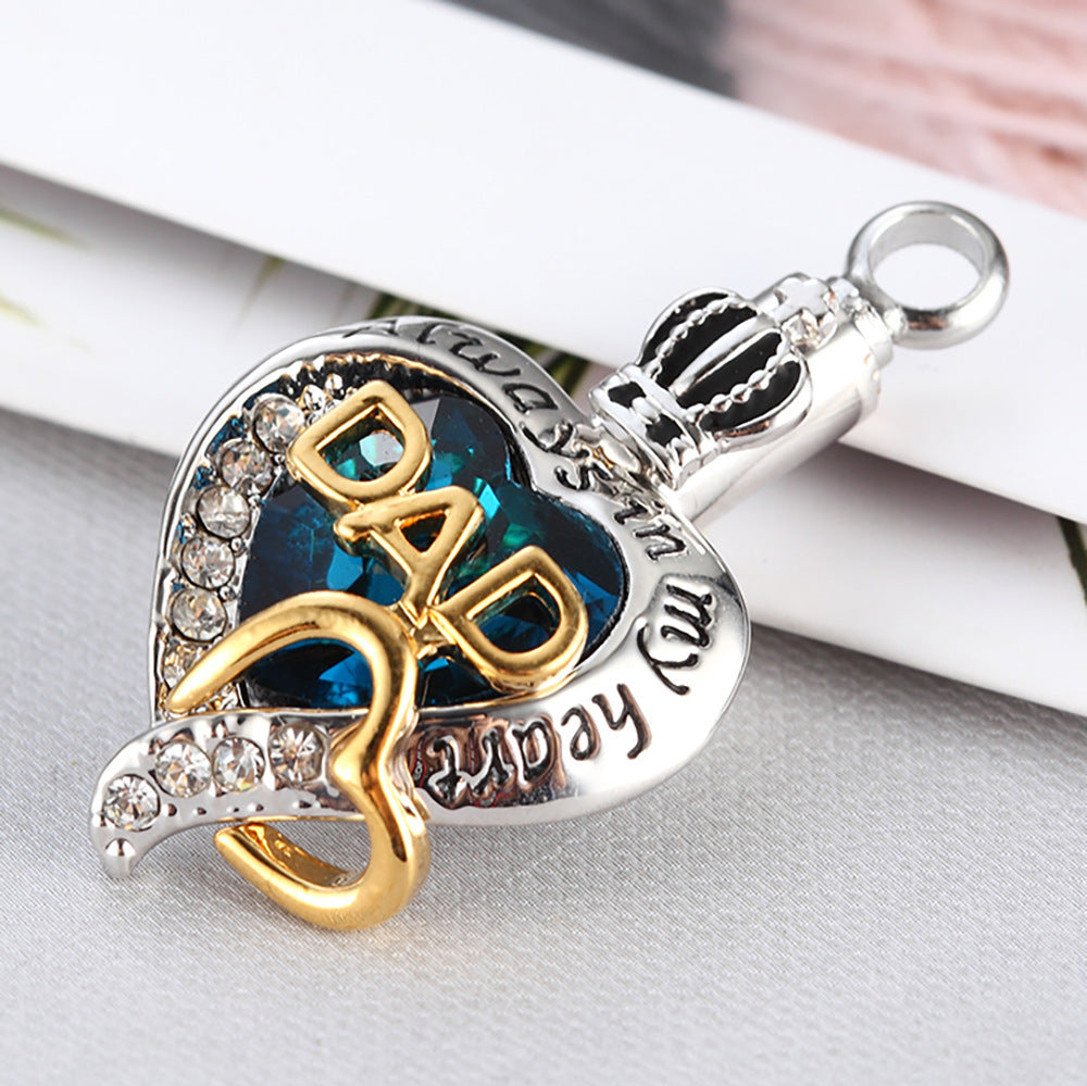 Dad remembrance necklace for ashes with heart-shaped pendant featuring blue stone and crystals