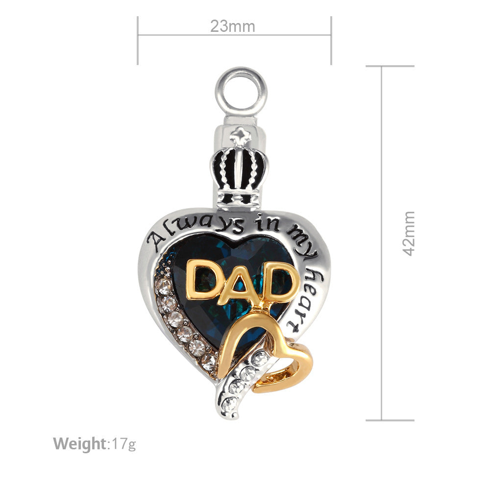 DAD Heart Love urn necklace pendant with blue heart and gold accents dad remembrance necklace for ashes