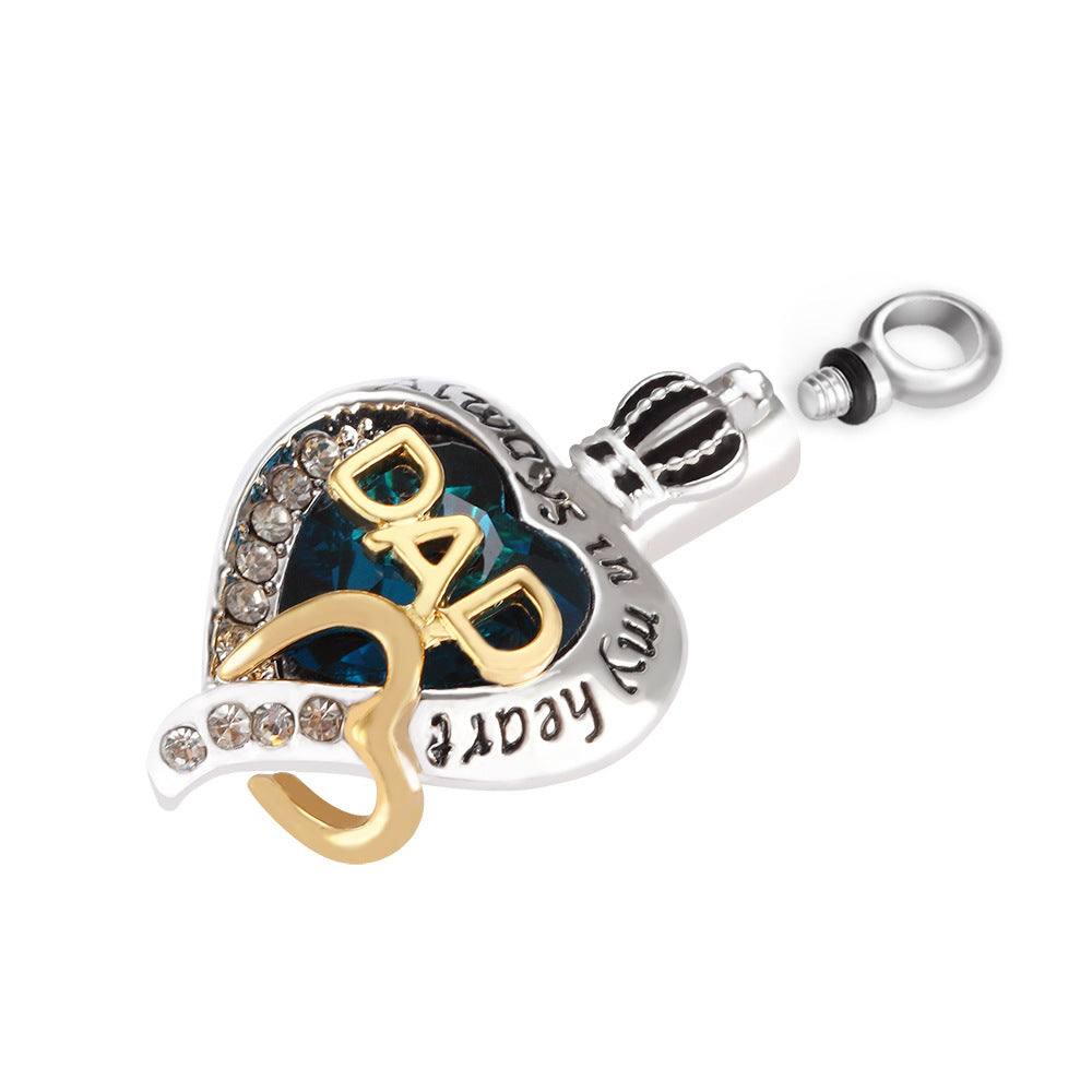 Dad remembrance necklace for ashes heart-shaped urn pendant with blue stone and gold accents