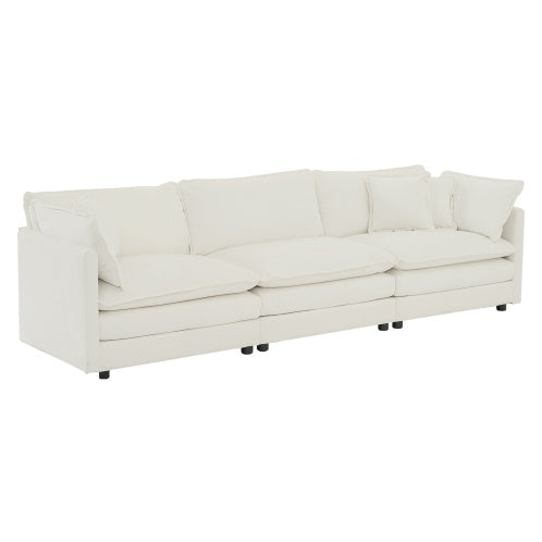 Mid-Century Modern 3-Seater Sofa – White Chenille Couch with Armrest & Toss Pillows