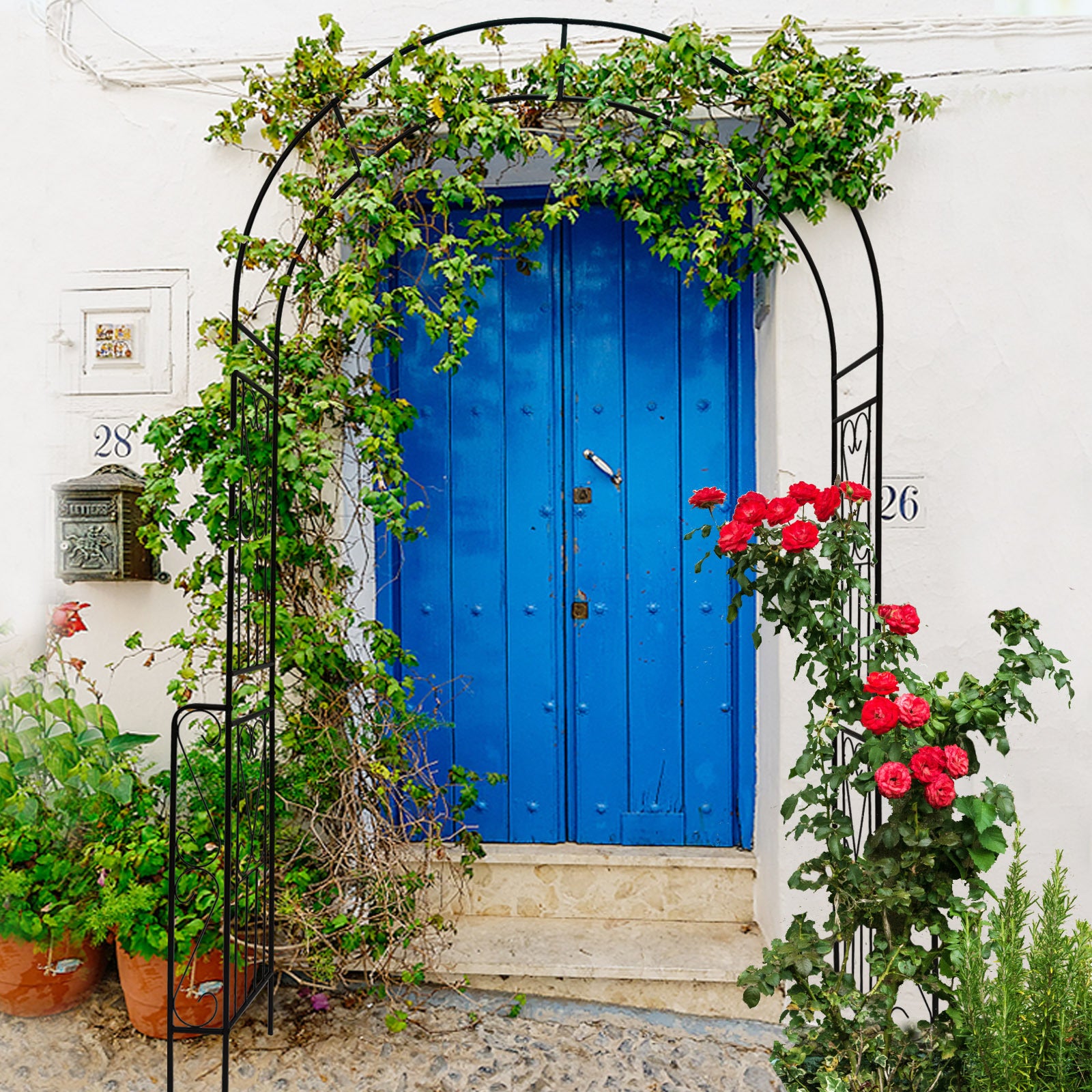 Decorative garden arch for climbing plants adorned with green vines and vibrant roses