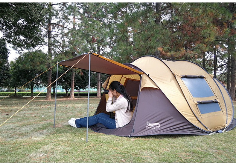 Outdoor automatic tent for 3-4 people with canopy and large window in a forest setting