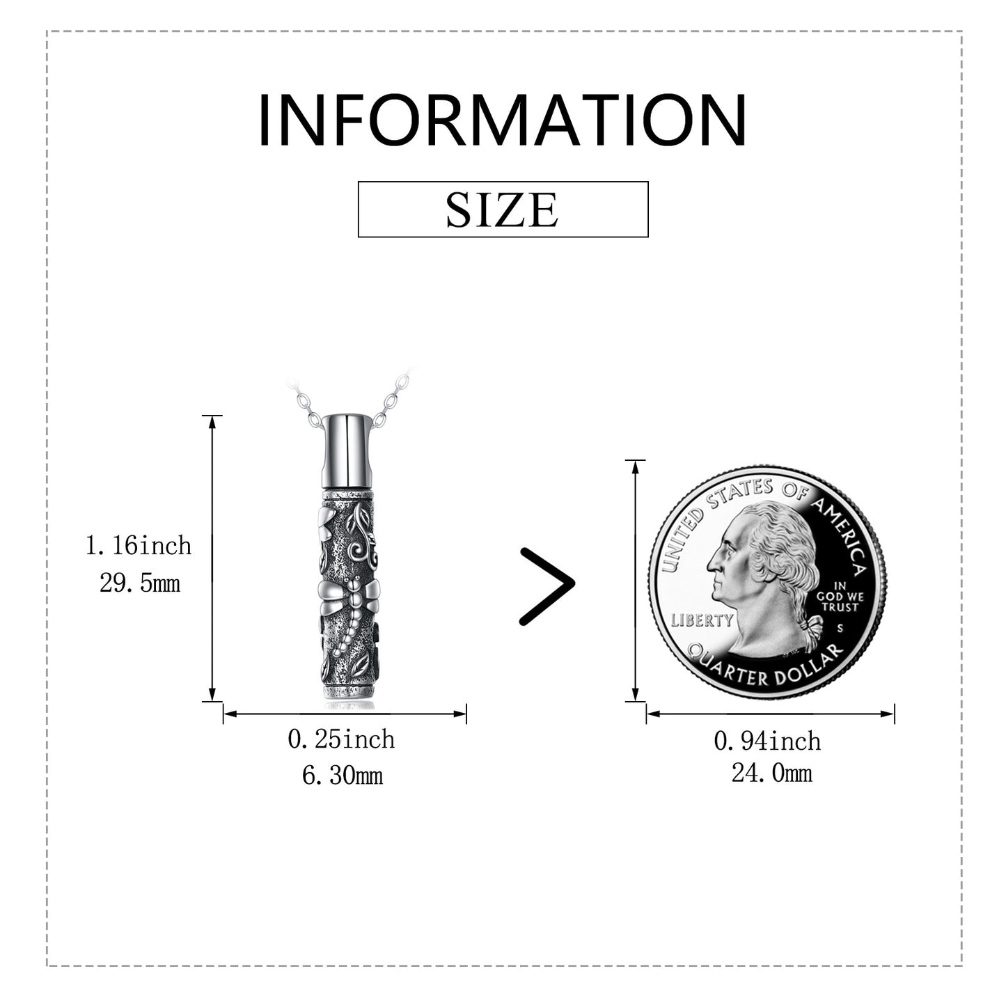 Sheila Merchandise dragonfly urn pendant for ashes in 925 sterling silver next to a US quarter for size comparison