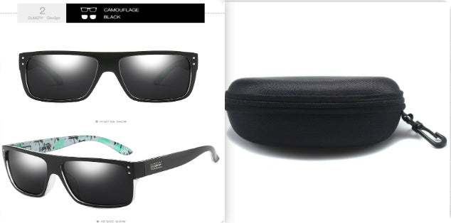 Sheila Merchandise polarized fishing sunglasses in black with camouflage arms and protective hard case