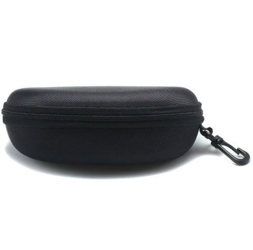 Black hard shell case with zipper and clip for polarized fishing sunglasses storage and protection