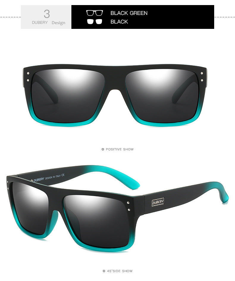 Black and green polarized fishing sunglasses with rectangular lenses and durable frame