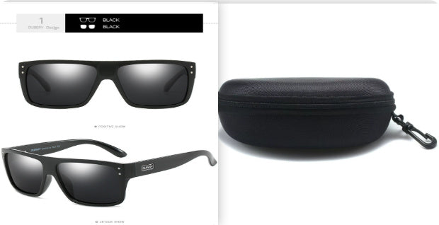 Black polarized fishing sunglasses with rectangular lenses and a protective zippered carrying case