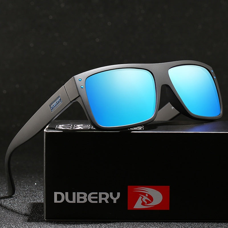 Dubery polarized fishing sunglasses with blue mirrored lenses and matte black frame on a black box