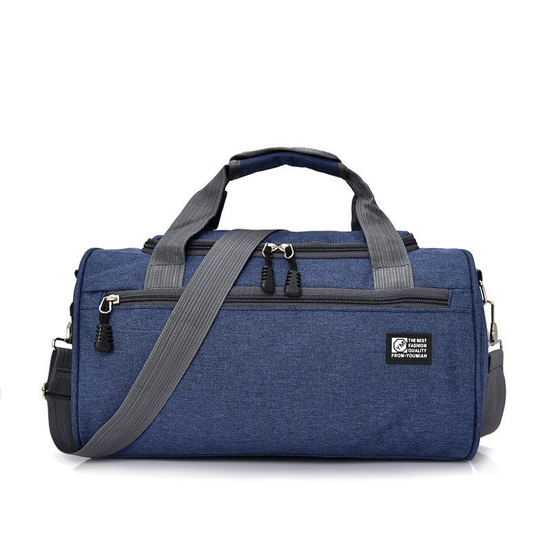 Sheila Merchandise durable sports gym bag in navy blue with multiple zippered compartments and adjustable shoulder strap