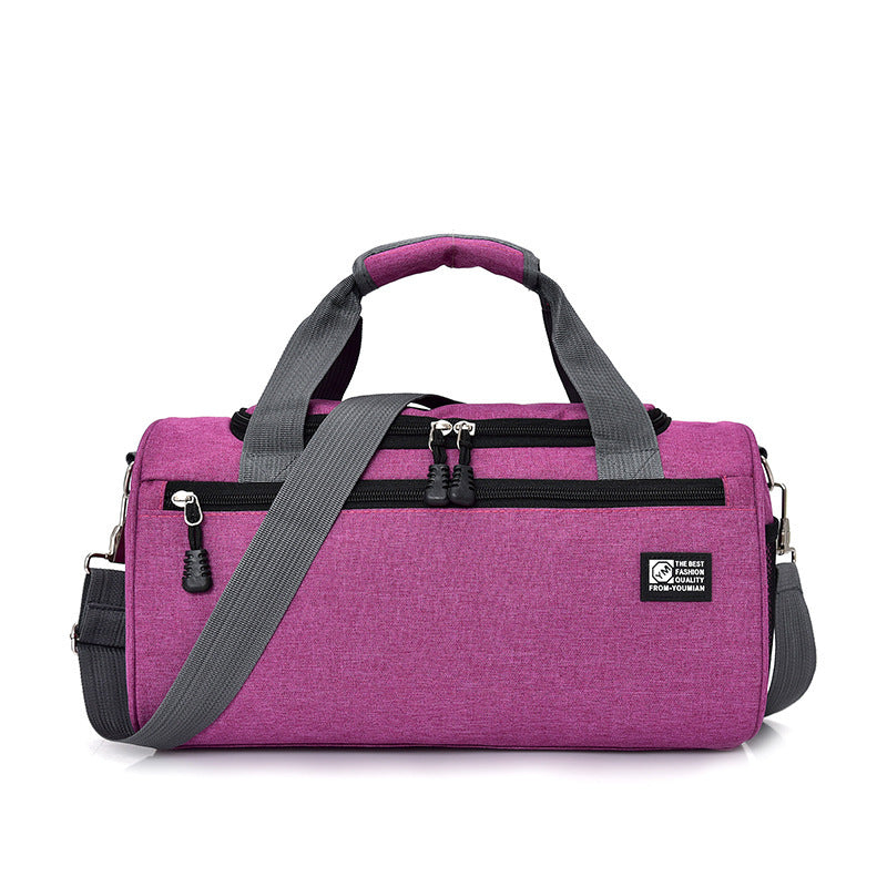 Durable sports gym bag by Sheila Merchandise in purple with multiple zippered compartments and adjustable shoulder strap
