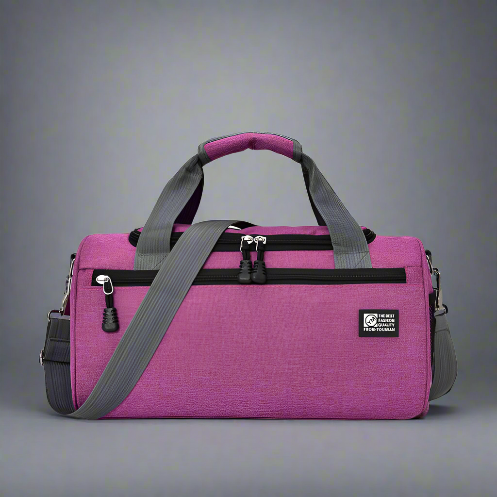 Sheila Merchandise durable sports gym bag in purple with gray handles and adjustable shoulder strap