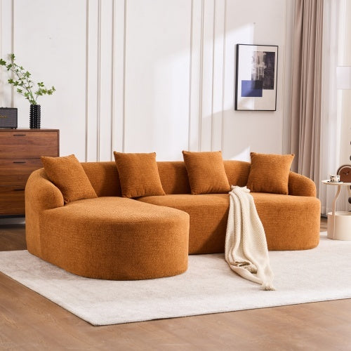 Grey Compression Sofa – 3-Seater with Chaise Longue & 4 Pillows, Wood Grain Chenille Fabric